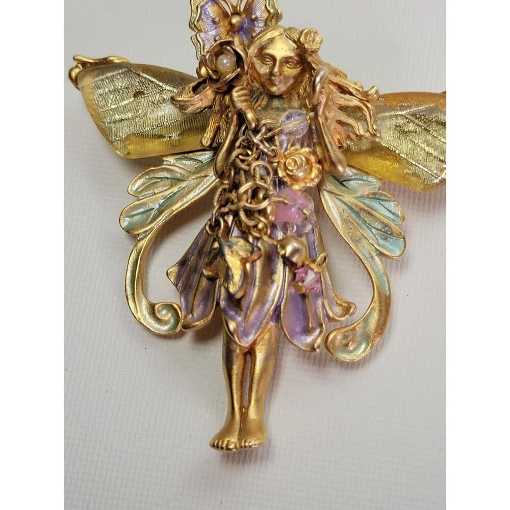 Vtg Kirk's Folly Enamel Primrose Flower Magic Garden Fairy Brooch‎ Pin Pendant
